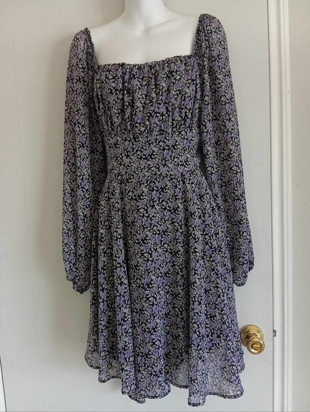 Lavender Floral Smocked Square-Neck Long Sleeve Dress